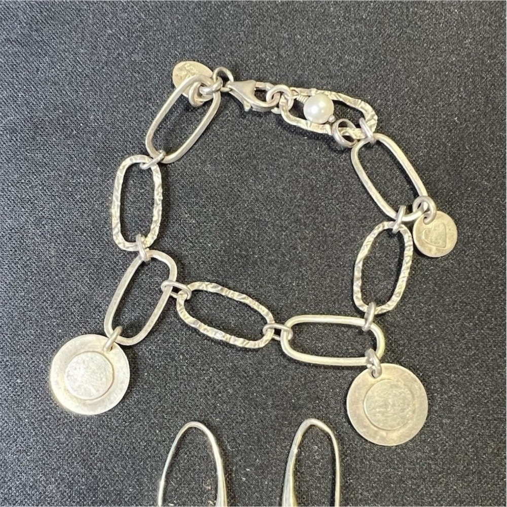 Lisa Leonard 925 Sterling/Pearl Charm Bracelet & Sterling Hook Teardrop Earrings